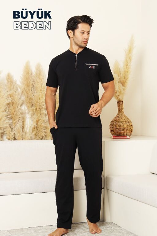 Büyük Beden Erkek Pijama Takımı - Lacivert Arma Nakışlı Likralı Penye 1194KYB - Alimer