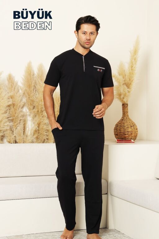 Büyük Beden Erkek Pijama Takımı - Lacivert Arma Nakışlı Likralı Penye 1194KYB - Alimer (1)