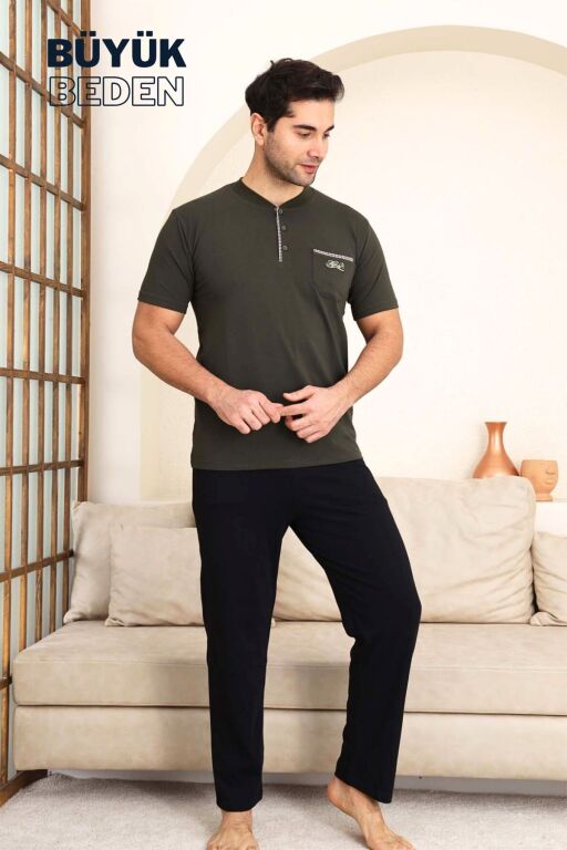 Büyük Beden Erkek Pijama Takımı - Yeşil Arma Nakışlı Likralı Penye 1194KYB - Alimer