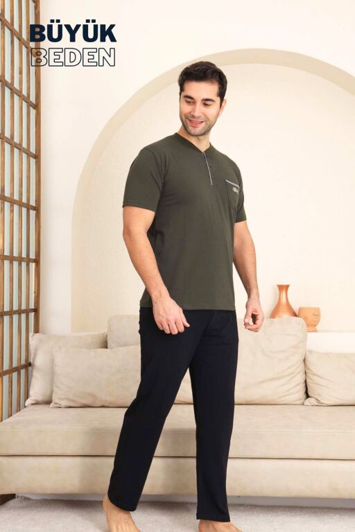 Büyük Beden Erkek Pijama Takımı - Yeşil Arma Nakışlı Likralı Penye 1194KYB - Alimer (1)