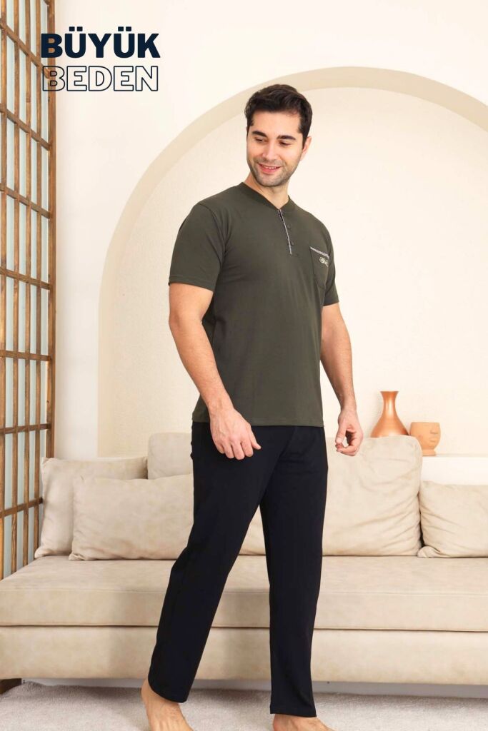 Büyük Beden Erkek Pijama Takımı - Yeşil Arma Nakışlı Likralı Penye 1194KYB - 2