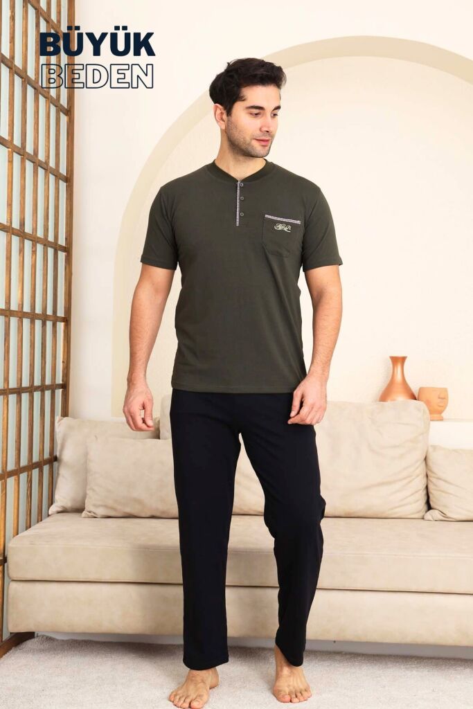 Büyük Beden Erkek Pijama Takımı - Yeşil Arma Nakışlı Likralı Penye 1194KYB - 3