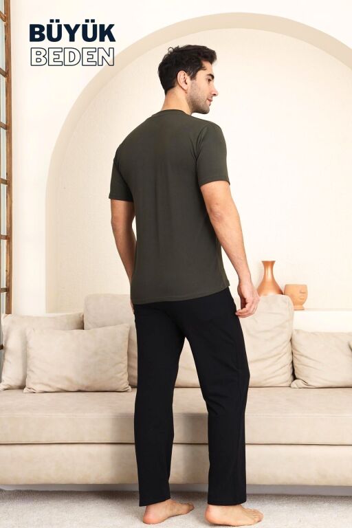 Büyük Beden Erkek Pijama Takımı - Yeşil Arma Nakışlı Likralı Penye 1194KYB - 4