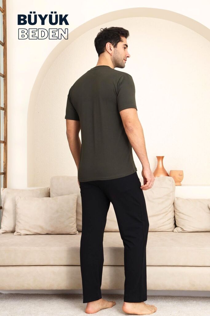 Büyük Beden Erkek Pijama Takımı - Yeşil Arma Nakışlı Likralı Penye 1194KYB - 4