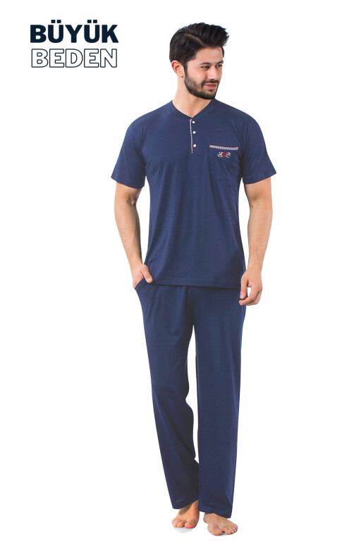 Büyük Beden Erkek Pijama Takımı - İndigo Arma Nakışlı Likralı Penye 1194KYB - Alimer