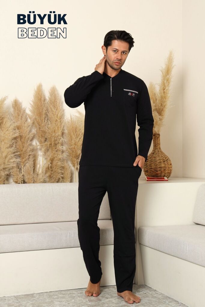 Büyük Beden Erkek Pijama Takımı - Siyah Arma Nakışlı Likralı Penye 1194UYB - 2