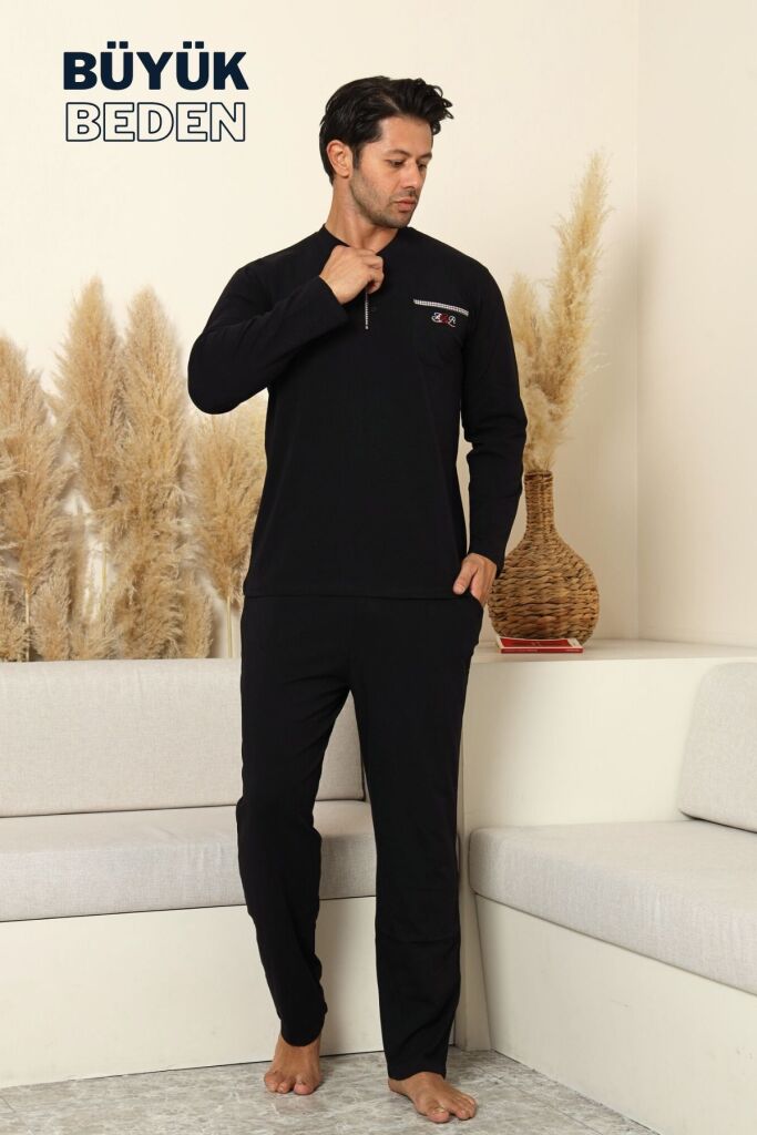 Büyük Beden Erkek Pijama Takımı - Siyah Arma Nakışlı Likralı Penye 1194UYB - 3