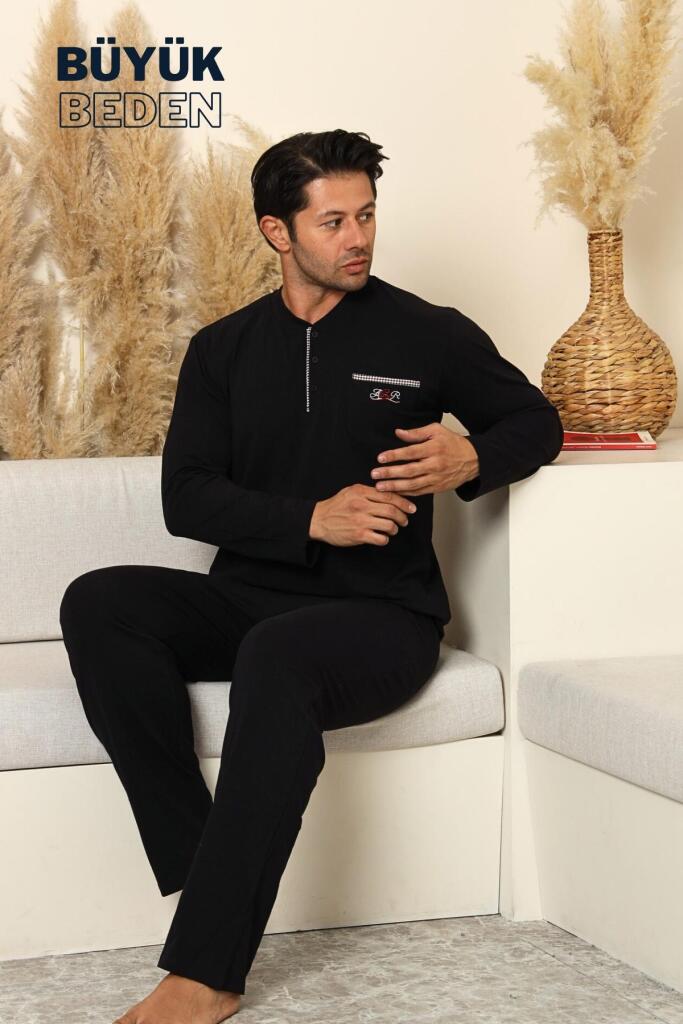 Büyük Beden Erkek Pijama Takımı - Siyah Arma Nakışlı Likralı Penye 1194UYB - 4
