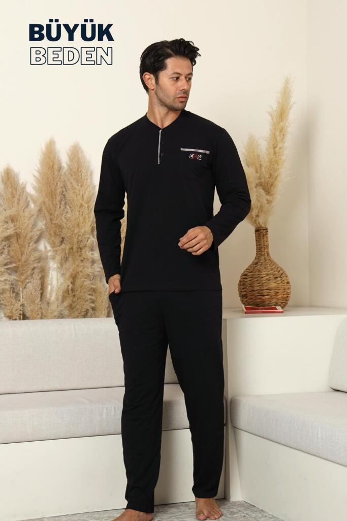 Büyük Beden Erkek Pijama Takımı - Siyah Arma Nakışlı Likralı Penye 1194UYB - 1