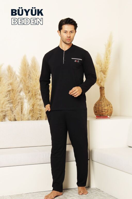 Büyük Beden Erkek Pijama Takımı - Lacivert Arma Nakışlı Likralı Penye 1194UYB - Alimer