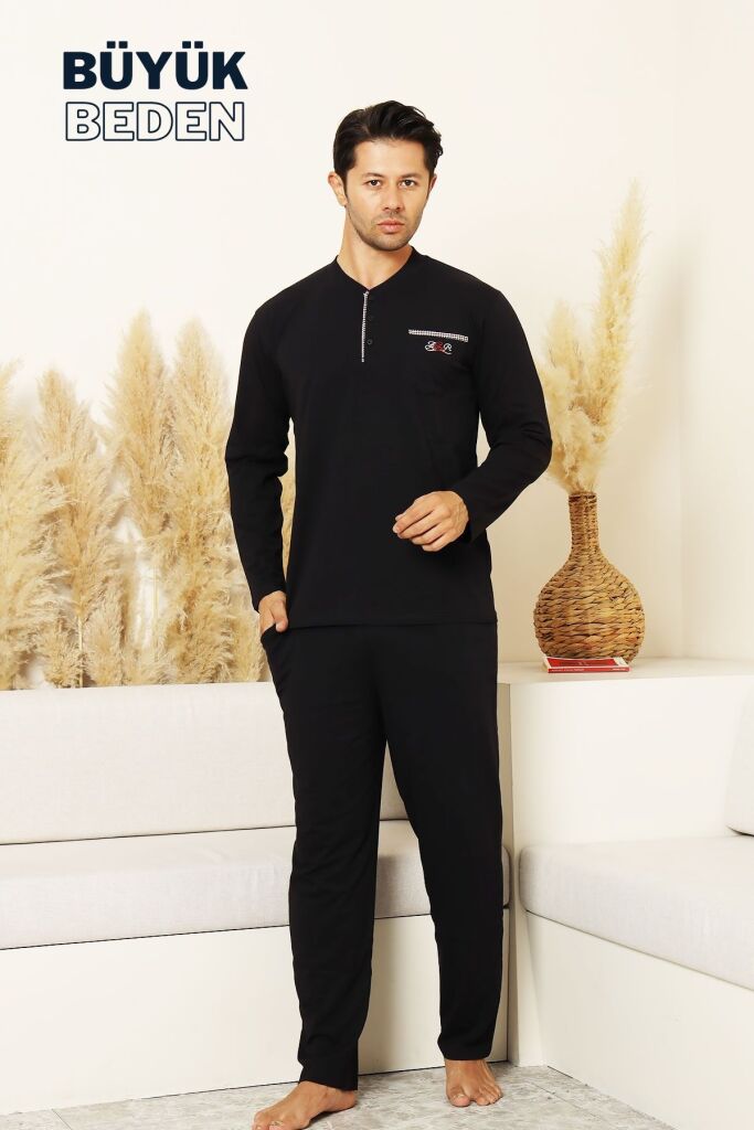 Büyük Beden Erkek Pijama Takımı - Lacivert Arma Nakışlı Likralı Penye 1194UYB - 1