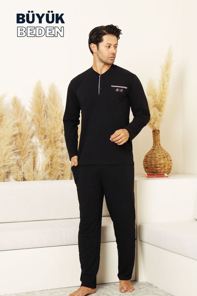 Büyük Beden Erkek Pijama Takımı - Lacivert Arma Nakışlı Likralı Penye 1194UYB - 4