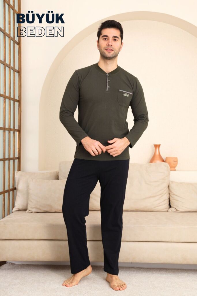Büyük Beden Erkek Pijama Takımı - Yeşil Arma Nakışlı Likralı Penye 1194UYB - 1