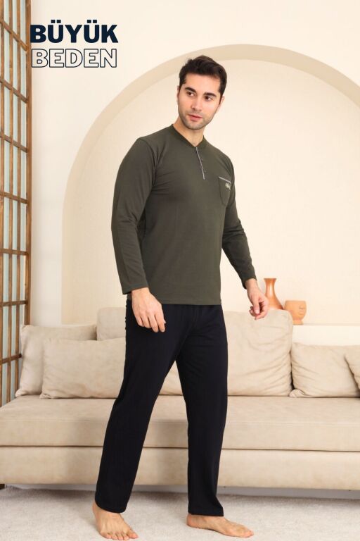 Büyük Beden Erkek Pijama Takımı - Yeşil Arma Nakışlı Likralı Penye 1194UYB - 3