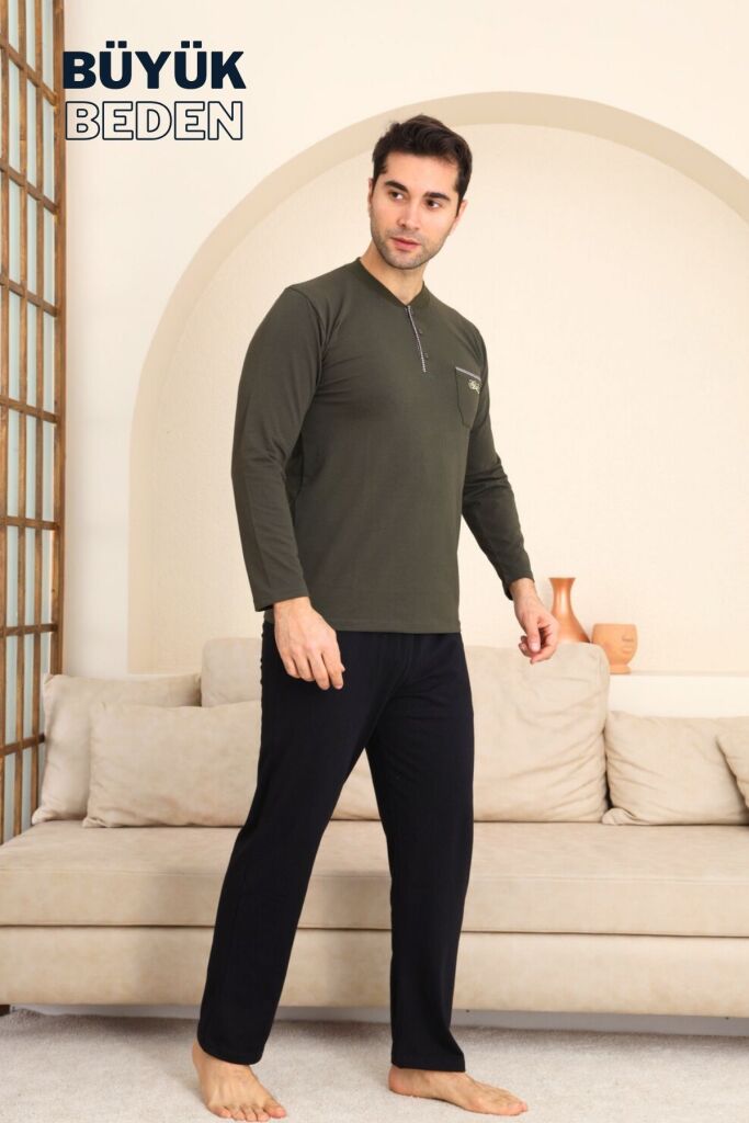 Büyük Beden Erkek Pijama Takımı - Yeşil Arma Nakışlı Likralı Penye 1194UYB - 3