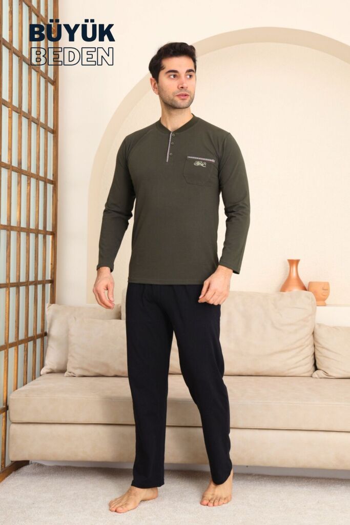Büyük Beden Erkek Pijama Takımı - Yeşil Arma Nakışlı Likralı Penye 1194UYB - 4