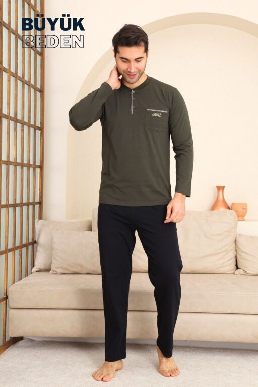 Büyük Beden Erkek Pijama Takımı - Yeşil Arma Nakışlı Likralı Penye 1194UYB - Alimer (1)