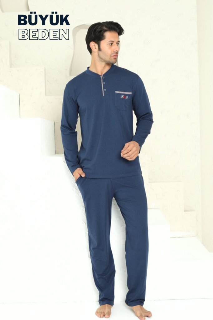 Büyük Beden Erkek Pijama Takımı - İndigo Arma Nakışlı Likralı Penye 1194UYB - 2