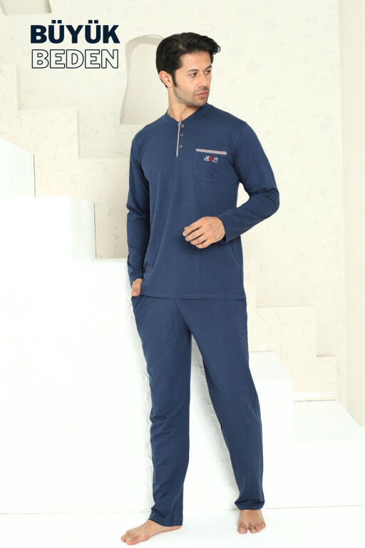 Büyük Beden Erkek Pijama Takımı - İndigo Arma Nakışlı Likralı Penye 1194UYB - Alimer