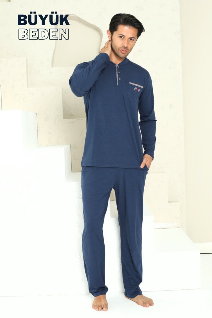 Büyük Beden Erkek Pijama Takımı - İndigo Arma Nakışlı Likralı Penye 1194UYB - 3
