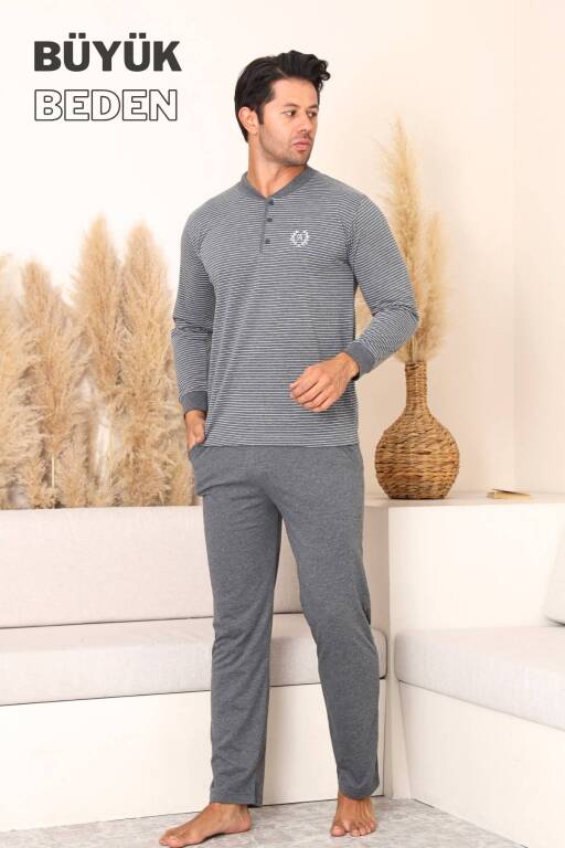 Büyük Beden Erkek Pijama Takımı - Antrasit Uzun Kollu Penye 1219UYB - Alimer