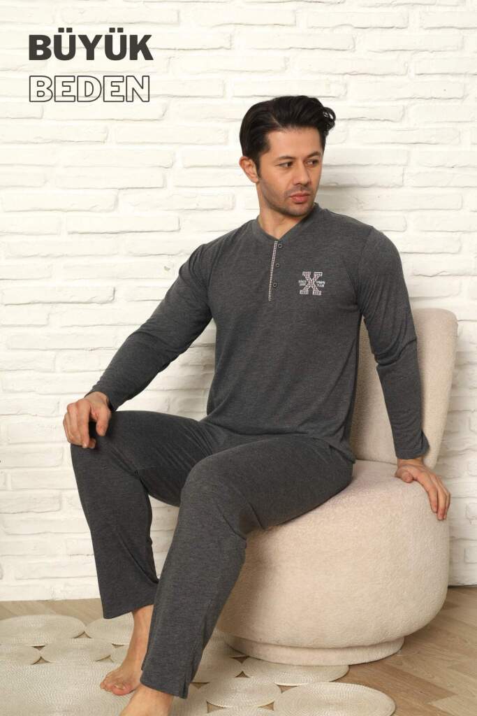 Büyük Beden Erkek Pijama Takımı - Antrasit Uzun Kollu Penye 1219UYB - 2