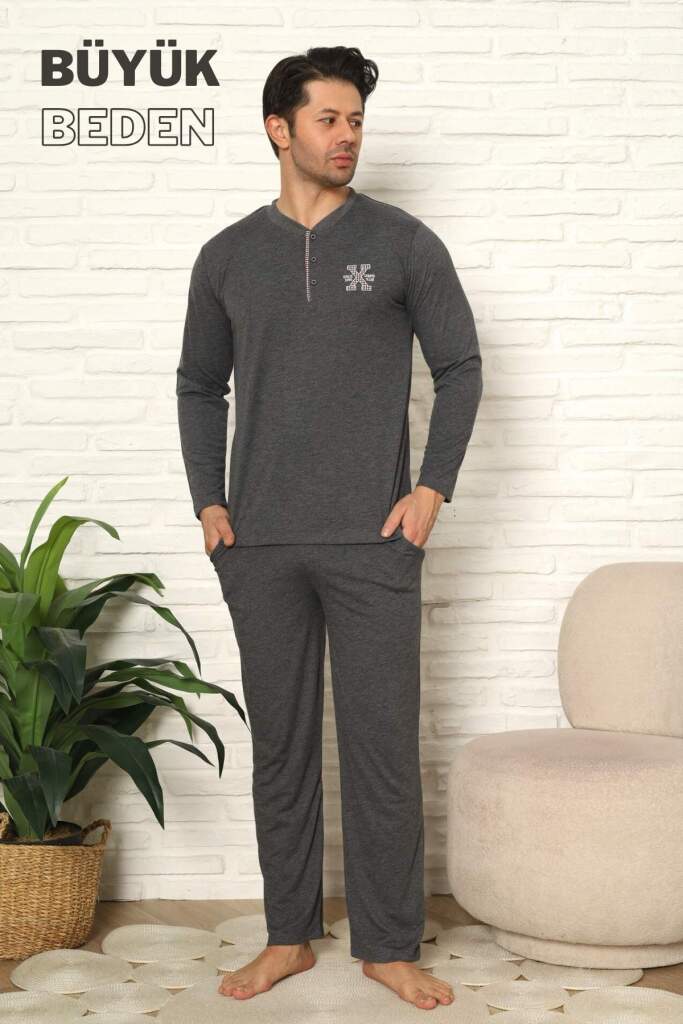 Büyük Beden Erkek Pijama Takımı - Antrasit Uzun Kollu Penye 1219UYB - 1
