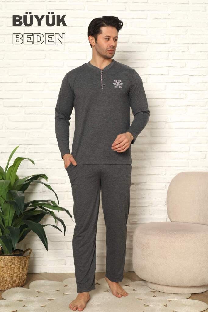 Büyük Beden Erkek Pijama Takımı - Antrasit Uzun Kollu Penye 1219UYB - 3