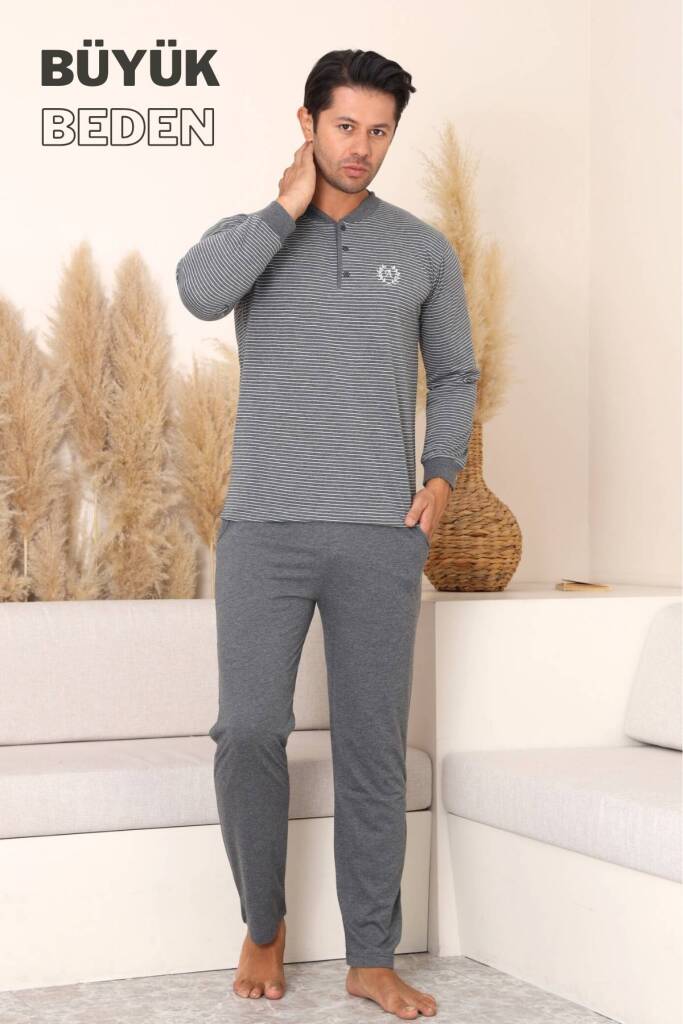 Büyük Beden Erkek Pijama Takımı - Antrasit Uzun Kollu Penye 1219UYB - 3