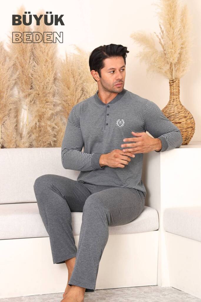 Büyük Beden Erkek Pijama Takımı - Antrasit Uzun Kollu Penye 1219UYB - 2