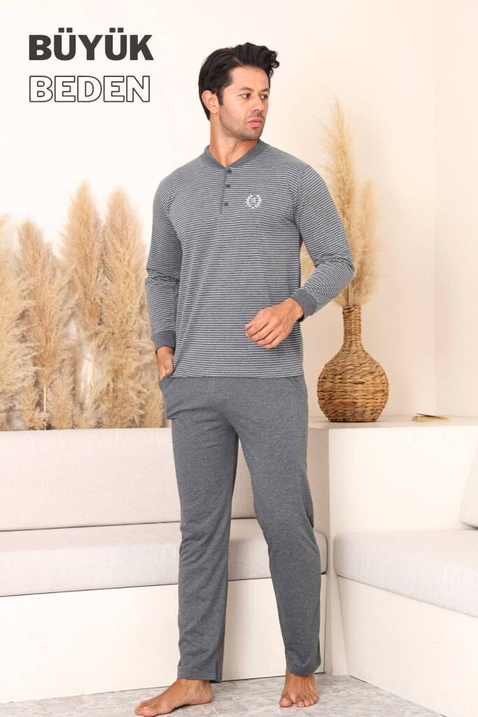 Büyük Beden Erkek Pijama Takımı - Antrasit Uzun Kollu Penye 1219UYB - 1
