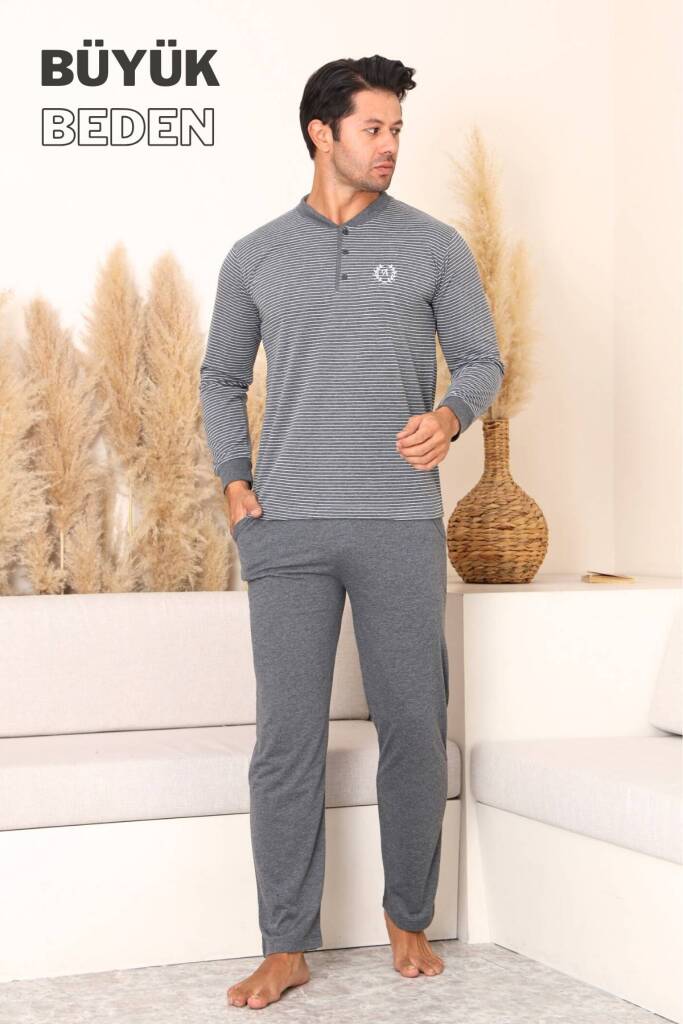 Büyük Beden Erkek Pijama Takımı - Antrasit Uzun Kollu Penye 1219UYB - 4