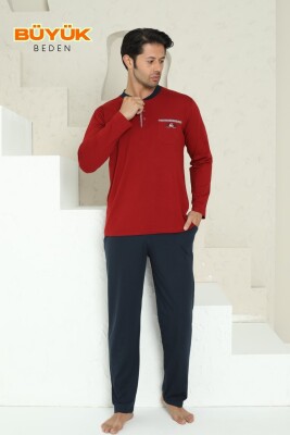 Büyük Beden Erkek Pijama Takımı - Bordo Arma Nakışlı Likralı Uzun Kollu Penye 1194UKB - Alimer (1)