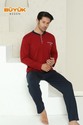 Büyük Beden Erkek Pijama Takımı - Bordo Arma Nakışlı Likralı Uzun Kollu Penye 1194UKB - 3