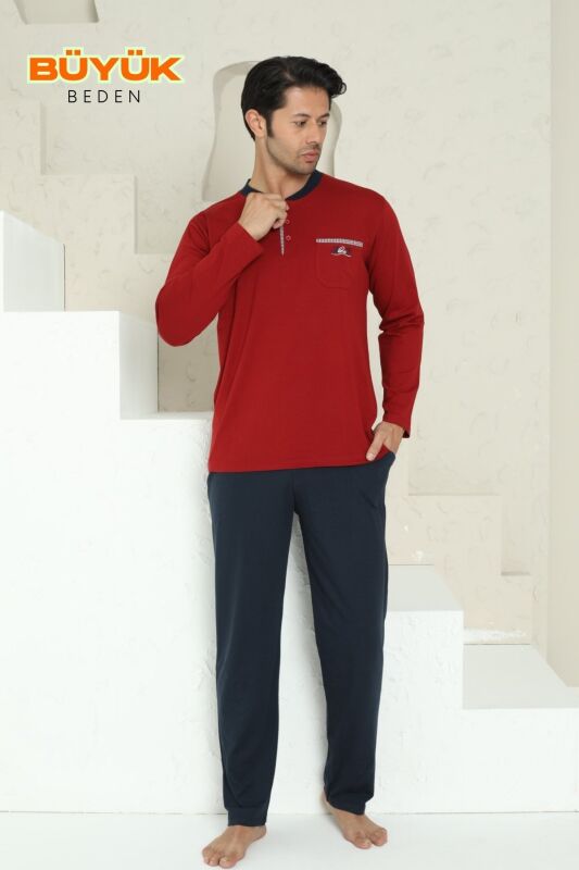 Büyük Beden Erkek Pijama Takımı - Bordo Arma Nakışlı Likralı Uzun Kollu Penye 1194UKB - 2
