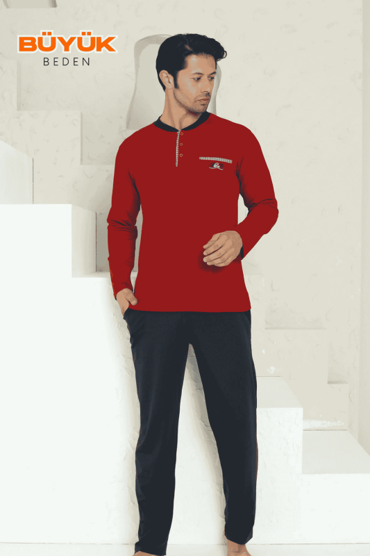 Büyük Beden Erkek Pijama Takımı - Bordo Arma Nakışlı Likralı Uzun Kollu Penye 1194UKB - 1