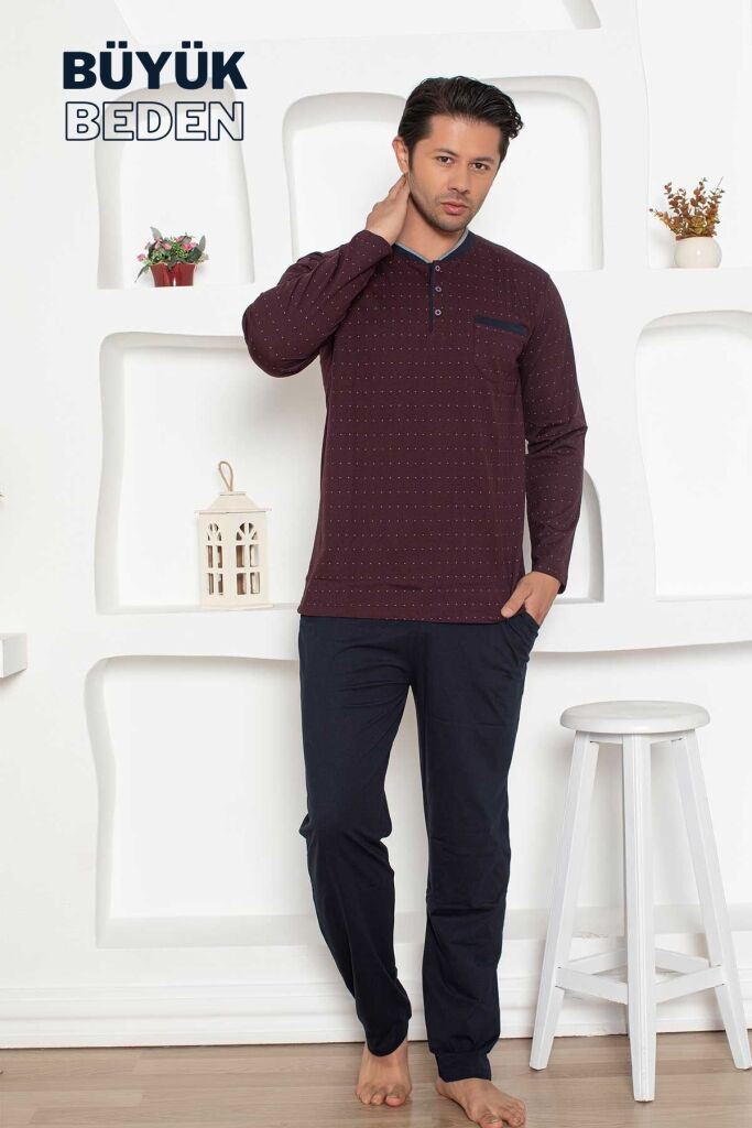 Büyük Beden Erkek Pijama Takımı - Bordo Mini Puan Desen Penye 1204UYB - 2