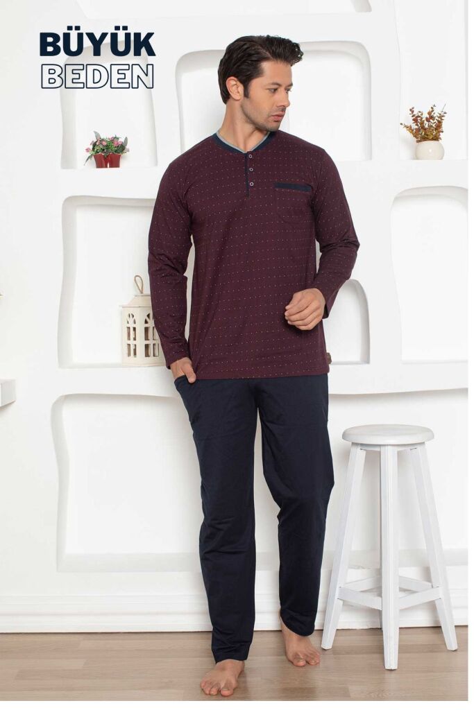 Büyük Beden Erkek Pijama Takımı - Bordo Mini Puan Desen Penye 1204UYB - 3