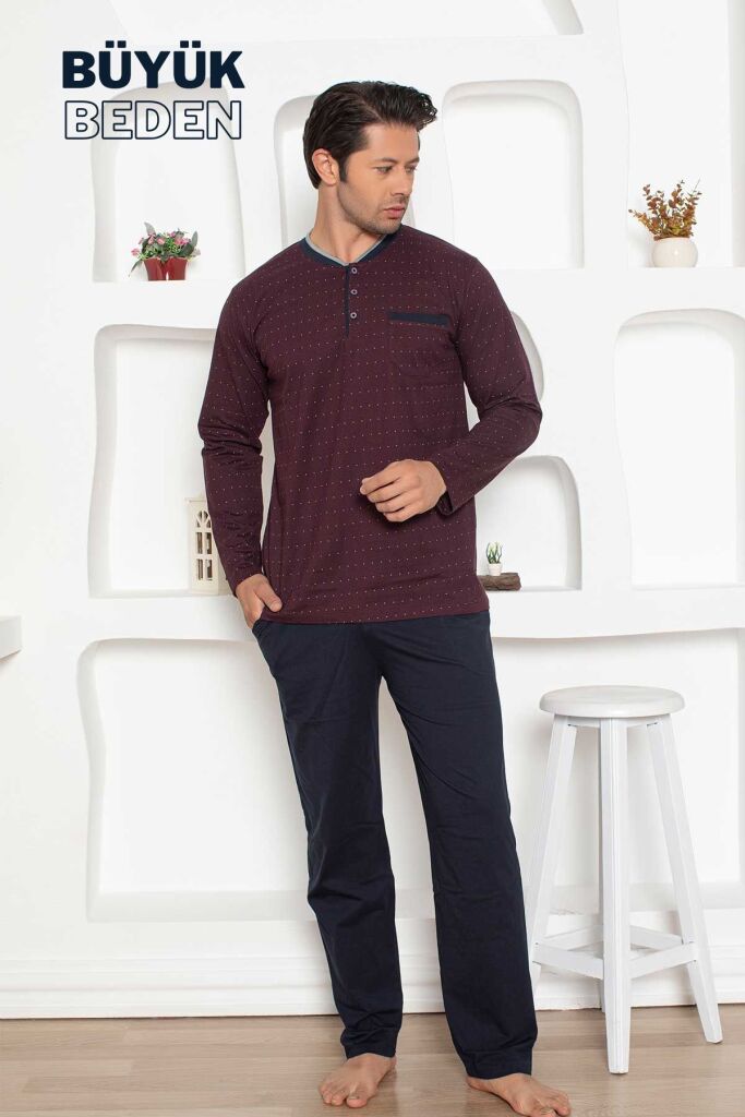Büyük Beden Erkek Pijama Takımı - Bordo Mini Puan Desen Penye 1204UYB - 1