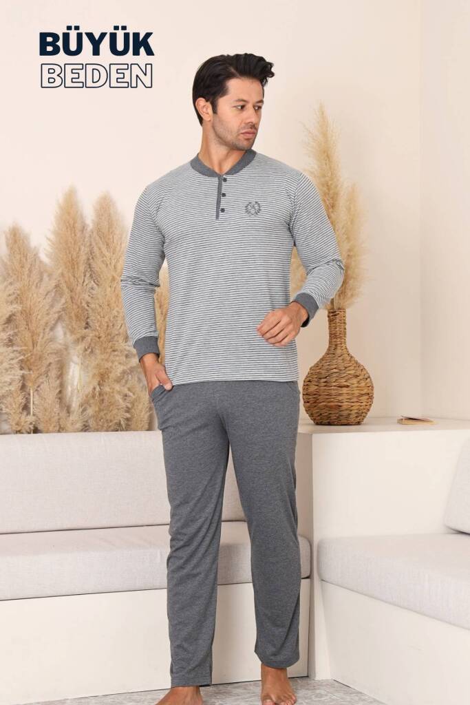 Büyük Beden Erkek Pijama Takımı - Gri Çizgili Uzun Kollu Penye 1219UYB - 4