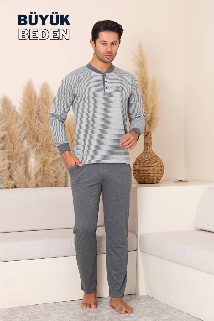 Büyük Beden Erkek Pijama Takımı - Gri Çizgili Uzun Kollu Penye 1219UYB - 1