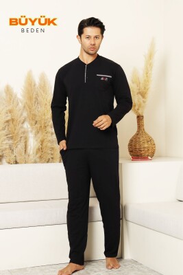 Büyük Beden Erkek Pijama Takımı - Lacivert Arma Nakışlı Likralı Uzun Kollu Penye 1194UKB - Alimer