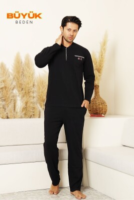Büyük Beden Erkek Pijama Takımı - Lacivert Arma Nakışlı Likralı Uzun Kollu Penye 1194UKB - 3