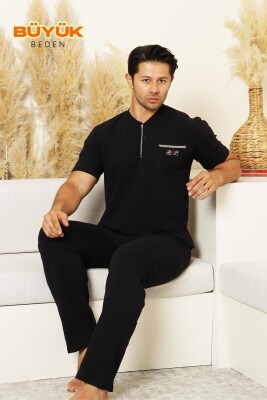 Büyük Beden Erkek Pijama Takımı - Lacivert Arma Nakışlı Likralı Uzun Kollu Penye 1194UKB - 2