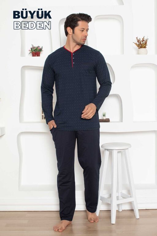 Büyük Beden Erkek Pijama Takımı - Lacivert Mini Puan Desen Penye 1204UYB - 1