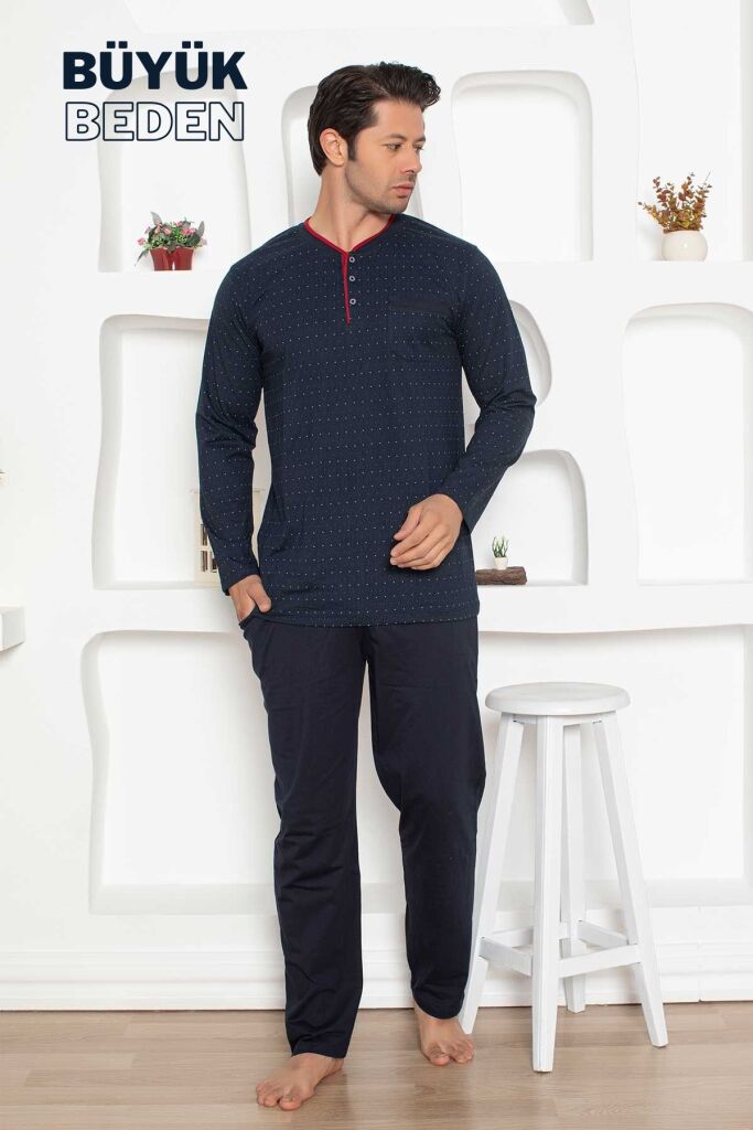 Büyük Beden Erkek Pijama Takımı - Lacivert Mini Puan Desen Penye 1204UYB - 1