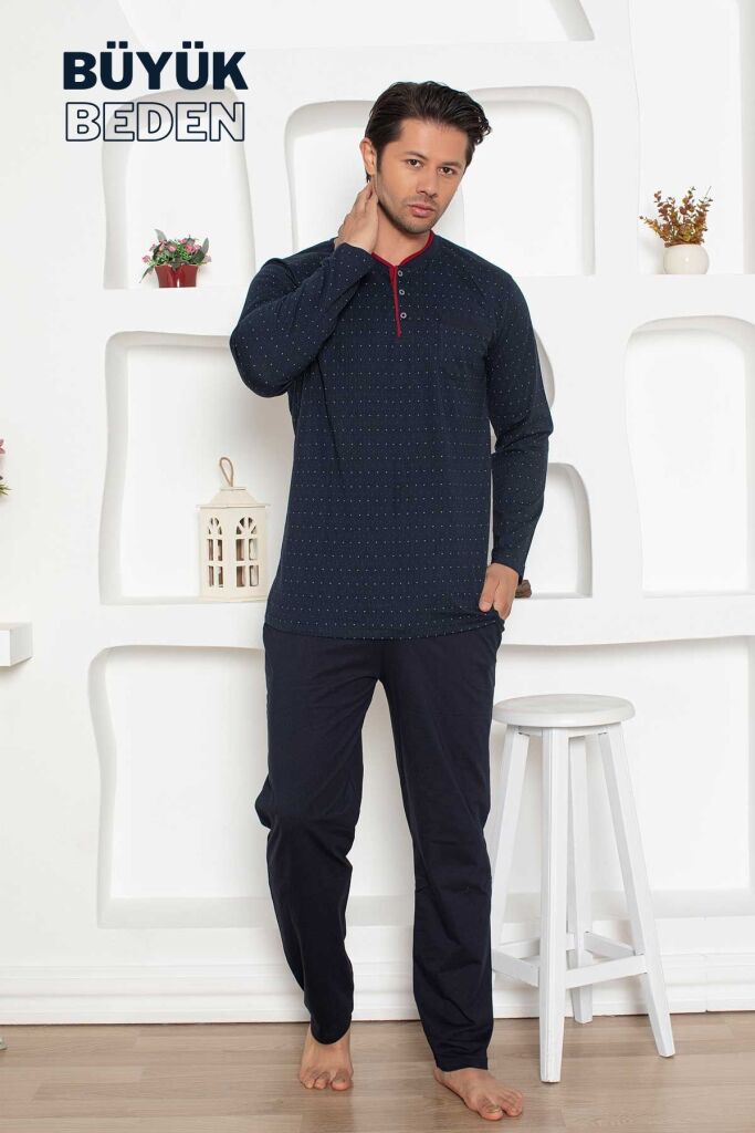 Büyük Beden Erkek Pijama Takımı - Lacivert Mini Puan Desen Penye 1204UYB - 2