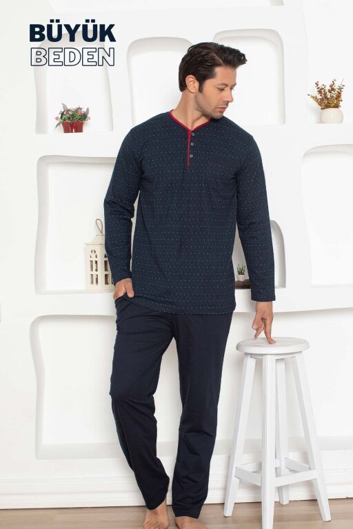 Büyük Beden Erkek Pijama Takımı - Lacivert Mini Puan Desen Penye 1204UYB - 3