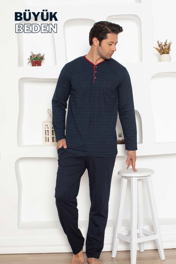 Büyük Beden Erkek Pijama Takımı - Lacivert Mini Puan Desen Penye 1204UYB - 3