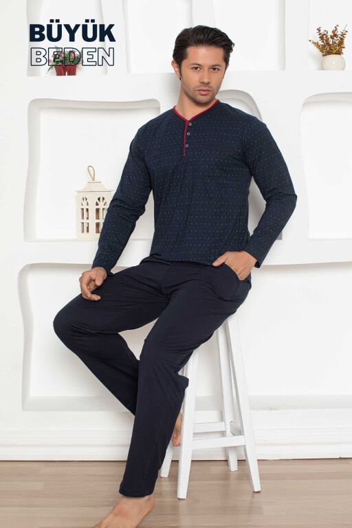 Büyük Beden Erkek Pijama Takımı - Lacivert Mini Puan Desen Penye 1204UYB - 4